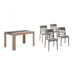 Ensemble de salle &agrave; manger avec table Ulisse en bois stratifi&eacute; et 4 chaises Martina en r&eacute;sine. (Ch&ecirc;ne / Gris tourterelle)