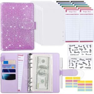 Classeur Budget  25 pcs Classeur A6 &agrave; fermeture &eacute;clair en cuir macaron PU &agrave; feuilles mobiles manuel de budget de caisse Violet