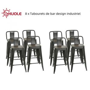 Lot de 8 Tabourets de bar design industriel HUOLE - Noir avec dossier - H 84 cm