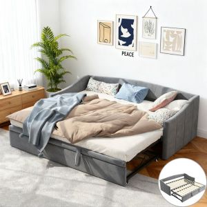 Lit gigogne 90/180x200 cm - 2 places - Canap&eacute;-lit extensible 2 en 1 avec sommier &agrave; lattes - tissu velours doux pour la peau - gris