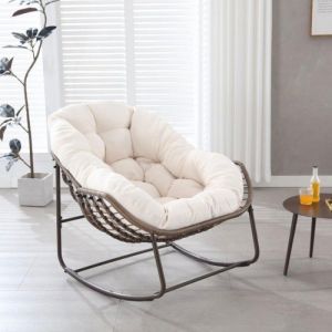 Fauteuil Papasan &agrave; Bascule en Rotin Tress&eacute; - Confortable Fauteuil de Jardin & Salon avec Coussin &Eacute;pais Blanc