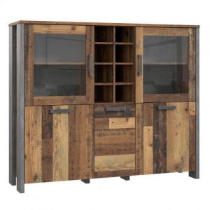 Buffet vitr&eacute; 5 portes 18 niches effet bois rustique b&eacute;ton gris - BUCK