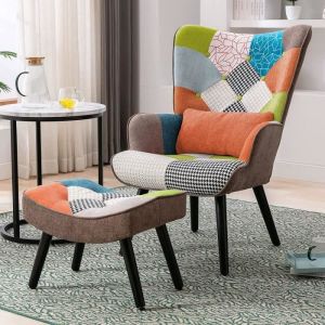 Fauteuil Salon Patchwork avec Repose Pieds en Tissu Lin Multicouleur Fauteuil Scandinave en Bois Massif avec Support Lombaire