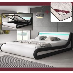 Lit Coffre avec Matelas Texas 140x190cm  Couleur Blanc et Noir LED  Mat&eacute;riaux bois et simili cuir  Rangement  PARISINA