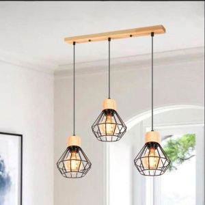 iDEGU Lampe Suspension Rétro E27 Lustre Industriel en Cage Abat-jour en Bois Métal Luminaire Plafonnier Réglable pour Salon Chambre