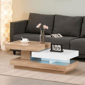 Table Basse avec Plateau Pivotant - Blanc UV et Naturel - 110x50x40 cm - Moderne en Panneau Particules - AINPECCA