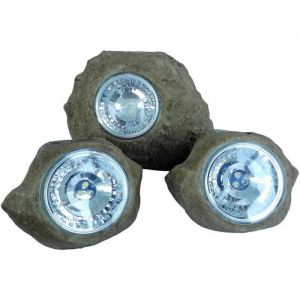 Lot de 3 rochers solaires de jardin &agrave; poser - LUMISKY - ROCKY BROWN - 14 et 9 cm - Balisage - LED blanc