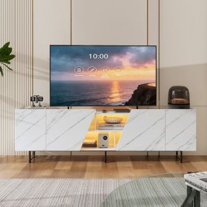 Meuble TV 220 cm avec LED Aspect marbre consoles TV modernes pour salon et chambre &agrave; coucher table TV avec armoire blanc