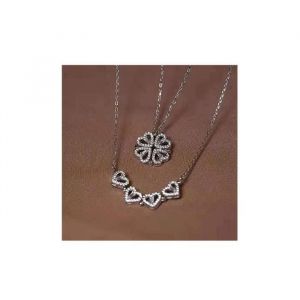 Collier pendentif - Argent&eacute; - Tr&egrave;fle &agrave; quatre feuilles - Acier au titane - Cristal - Femme