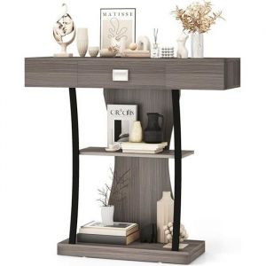 DREAMADE Table Console Entr&eacute;e en Bois avec 3 &Eacute;tag&egrave;res un Tiroir Dispositif Anti-basculement pour Entr&eacute;e Couloir et Salon Gris