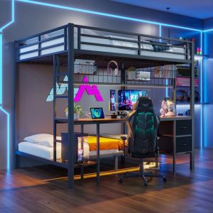 Lit superposé 2/3 places 90/140x200cm Lit enfant Lit mezzanine en métal avec étagère tiroirs bureau bande LED port USB - noir