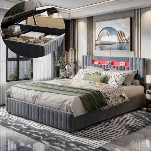 Lit 140x190 avec rangement - NMONET - LED - Cadre de lit coffre 140x190 cm - Velours gris - Hydraulique - Design &eacute;l&eacute;gant - 2 Places