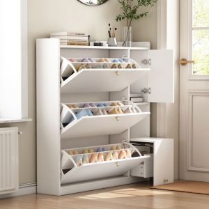 Armoire &agrave; chaussures inclinable avec 3 tiroirs rabattables - rangement polyvalent-&eacute;tag&egrave;re &agrave; chaussures -blanc - 119x24x122cm