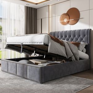 Lit coffre Lit 140x200 cm Lit rembourré avec levier hydraulique lit fonctionnel de rangement velours gris sans matelas