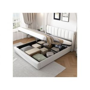 Lit double rembourr&eacute; en cuir PU LED avec coffre de rangement 160x200 cm t&ecirc;te de lit r&eacute;glable port USB Blanc