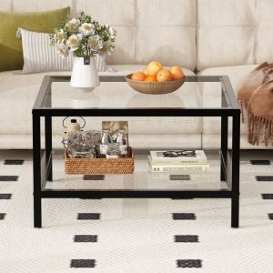 Table Basse Carr&eacute;e en Verre Tremp&eacute; Cadre en M&eacute;tal Noir Table de Salon avec Coussinets dessous pieds 68x68x40