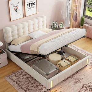 Lit capitonnée 140x190 cm avec Lumières LED Lit coffre 140x190 avec rangement hydrauliques et tête de lit Velours Beige
