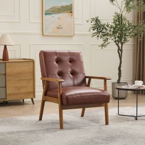 Fauteuil capitonn&eacute; scandinaveen cuir v&eacute;ritable fait &agrave; la main bois massif&eacute;l&eacute;gant et luxueux 64*80*83cm marron