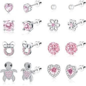 8Paires Boucles DOreilles Enfant Fille Femme Acier Inoxydable Hypoallergéniques Cz Cartilage Clou Oreille Lot Rose Zirconium