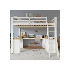 Lit mezzanine pour enfant Merax avec bureau en U deux tiroirs et &eacute;tag&egrave;re de rangement 140 x 200 cm blanc + finit LITS SUPERPOSES