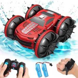 Voiture T&eacute;l&eacute;command&eacute;e amphibie 24 Ghz voiture cascadeur RC &eacute;tanche 4 roues motrices 2 modes de contr&ocirc;le pour enfants - Rouge