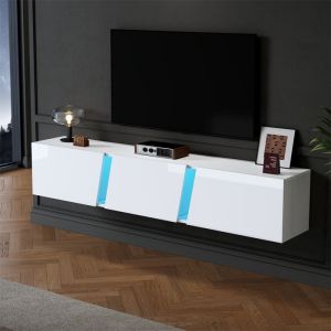 Meuble TV Blanc Laqu&eacute; 180 cm avec LED Meuble TV Suspendu 3 Portes Meuble TV Scandinave Pas Cher avec Rangement Jusqu&agrave; 75 Pouces