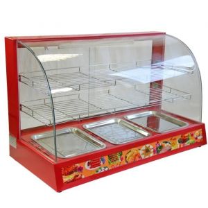 Chauffe-Repas en Verre Rouge - KuKoo - 90cm - 1200W - Vitrine Chauffante avec Éclairage Interne et Bac à Eau