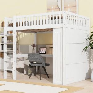 Lit mezzanine Lit enfant double 140x200 cm Bureau Armoire 3 tiroirs Espace de rangement ouvert Garde-corps Escalier B LIT MEZZANINE