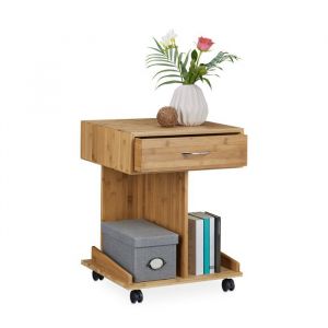 Relaxdays Table console à roulettes ROLLI table dappoint tiroir 2 compartiments bambou HxlxP: 565 x 43 x 46 cm nature