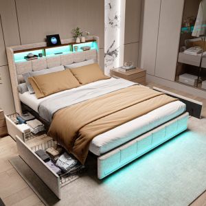 Lit double 160x200 cm - Lit adulte avec LED et USB (2USB et 1Type-C) -  4 tiroirs - rangements de t&ecirc;te de lit - en lin - beige
