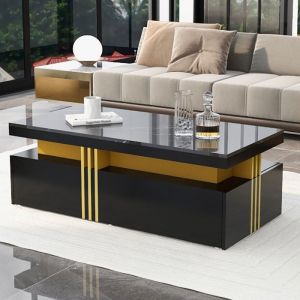 Table basse rectangulaire en bois 100*50*40 cm avec 2 tiroirs en bois plateau en marbre mélaminé salon noir