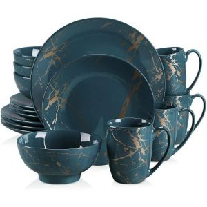 LOVECASA Série Sweet. 16pcs Service de Table Complet Moderne en Porcelaine pour 4 Personnes à Motif Plaqué Or
