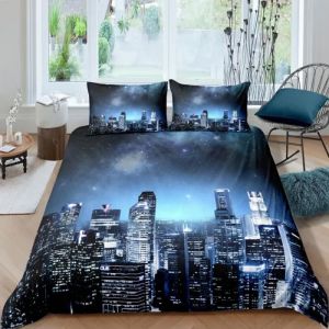 Parure de lit - MOUTON MAISON DECO - 3D Ville Ciel &eacute;toil&eacute; New York - Bleu blanc noir violet - Microfibre- 220x240 PARURE DE COUETTE