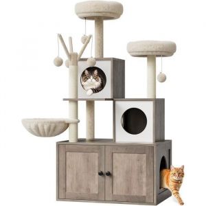 Arbre &agrave; Chat avec Maison de ToilettesTour de Jeu Moderne 2-en-1 Niche pour Chat de avec Chache-liti&egrave;re Poteaux &agrave; Griffergris