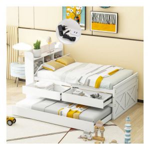 Lit 1 Personne 90 x 190 cm avec prise USB et tiroir Lit gigogne Lit enfant Tete de lit avec rangements Lit simple Blanc Pin