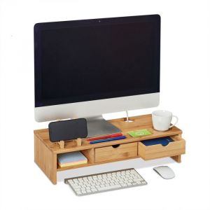 Relaxdays Support d’écran PC en bambou 2 tiroirs casier rangement rehausseur d’ordinateur HLP 13x54x23 cm naturel