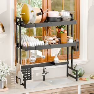 &Eacute;gouttoir Vaisselle Cuisine Noir 2 &Eacute;tages Moderne t&eacute;lescopique longueur r&eacute;glable 64cm-100cm 64*28*84cm Assemblage facile