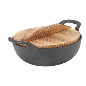 OMABETA wok en fonte avec poign&eacute;e Wok en fonte avec 2 poign&eacute;es couvercle en bois po&ecirc;le &agrave; frire puericulture pot 25 cm/98 pouces