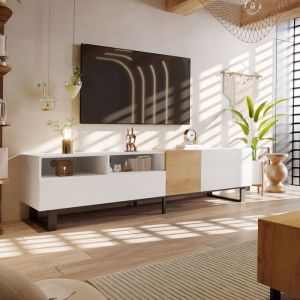 Meuble TV Maisentiel blanc laqu&eacute; et effet b&eacute;ton 200x35x60 cm design moderne avec &eacute;clairage LED