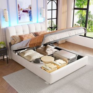 Lit Coffre 160x200 avec LED Lit Rembourré en Velours Cadre de lit avec Rangement Lit Double Lit Capitonné Lit Adulte Blanc cassé