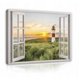 Impression sur Toile Fen&ecirc;tre 3D Phare Mer 120x80 cm XXL Tableau D&eacute;coration Murale Intiss&eacute;e pour Salon Chambre pret a accroche