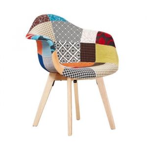 Fauteuil dappoint patchwork multicolore tissu rembourr&eacute; pieds en bois style moderne du milieu du si&egrave;cle