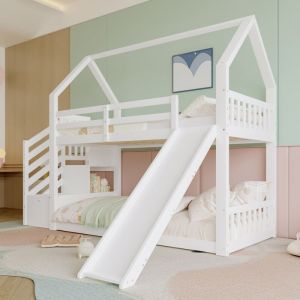 Lit superposé avec escalier de rangement 90x200cm lit mezzanine avec toboggan lit enfant avec barrières de sécurité blanc