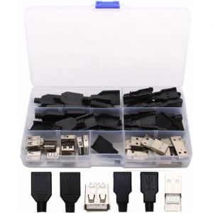 20 pi&egrave;ces &agrave; souder USB Type A male USB 2.0 Type A male USB 4 broches connecteur femelle avec couvercle en plastique bricolage-noir
