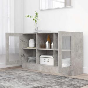 Buffet bas - JILI - Gris Armoire &agrave; vitrine - pour salon - Gris b&eacute;ton 120x305x70 cm Bois d&rsquo;ing&eacute;nierie FR119