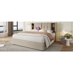 Lit coffre 180x200 cm en lin naturel avec t&ecirc;te &agrave; chargeur sans fil 4 niches et ports USB/Type‑C