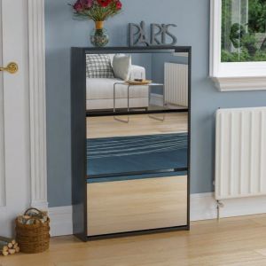 Meuble à chaussures Welham 3 tiroirs avec façades miroir – Meuble de rangement pour couloir ou entrée Noir