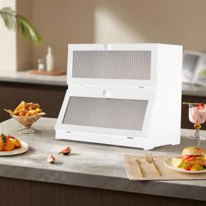 MIPAN. Bo&icirc;te &agrave; Pain Bambou 2- Couche Countertop Bo&icirc;te en Bois -  Pour Cuisine  Huche  Pour le stockage du pain -  Blanc