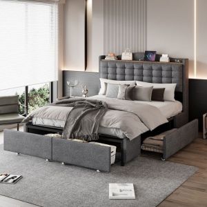 Lit capitonn&eacute; 140 x 200 cm table de chevet avec port de charge USB et espace de rangement 4 tiroirs gris (matelas non inclus)