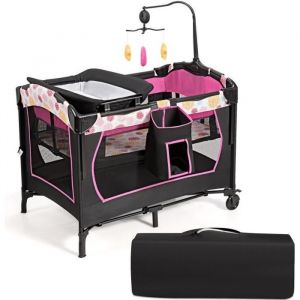 COSTWAY Lit Parapluie Pliant Bébé avec Matelas 4 en 1-0-36 Mois-Arceau de Jeu-Table à Langer-Boîte à Musique-Barres Réglable-Rose